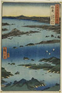 Provincia de Mutsu: Vista de Matsushima con una perspectiva lejana del monte Tomi (Mutsu, Matsushima fukei, Tomiyama chobo no ryakuzu), de la serie "Lugares famosos de las sesenta y tantas provincias (Rokujuyoshu meisho zue)". de Utagawa Hiroshige