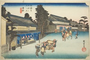 Narumi: Famosas telas teñidas de Arimatsu (Narumi, meibutsu Arimatsu shibori), de la serie "Cincuenta y tres estaciones del Tokaido (Tokaido gojusan tsugi no uchi)", también conocida como el Tokaido de Hoeido de Utagawa Hiroshige