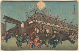 ¿Procesión nocturna bajo los cerezos en flor a lo largo del Nakanoch? en Shin Yoshiwara de Utagawa Hiroshige