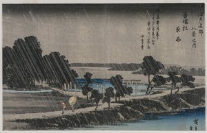 Lluvia nocturna en el Santuario Azuma de la serie Ocho Vistas de los Alrededores de Edo, mediados de 1830s de Utagawa Hiroshige