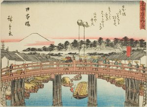 Nihonbashi, de la serie "Cincuenta y tres estaciones del Tokaido (Tokaido gojusan tsugi)," también conocida como el Tokaido con poema (Kyoka iri Tokaido) de Utagawa Hiroshige