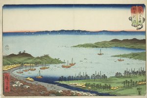 Niigata en la provincia de Echigo (Echigo Niigata), de la serie "Combates de lucha entre montañas y mares (Sankai mitate zumo)" de Utagawa Hiroshige