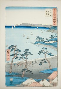 Odawara: Casas de pescadores en la playa (Odawara, kaigan gyosha), nº 10 de la serie "Lugares famosos de las cincuenta y tres estaciones (Gojusan tsugi meisho zue)", también conocida como Tokaido vertical. de Utagawa Hiroshige