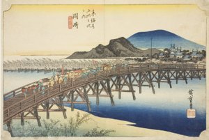Okazaki: Puente Yahagi (Okazaki, Yahagi no hashi), de la serie "Cincuenta y tres estaciones del Tokaido (Tokaido gojusan tsugi no uchi)," también conocida como el Tokaido de Hoeido