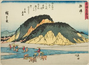 Okitsu: El río Okitsu (Okitsu, Okitsugawa), de la serie "Cincuenta y tres estaciones del Tokaido (Tokaido gojusan tsugi)", también conocido como el Tokaido con poema (Kyoka iri Tokaido)