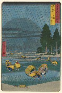 Ono, Vista Lejana del Monte Daisen en la Provincia de Hoki (Hoki, Ono, Daisen enbo), de la serie "Lugares Famosos en las Sesenta y Pico Provincias (Rokujuyo-shu meisho zue)" de Utagawa Hiroshige