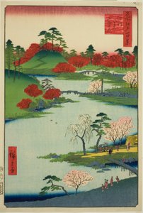 Apertura del jardín en el Santuario Fukagawa Hachiman (Fukagawa Hachiman yamabiraki), de la serie "Cien vistas famosas de Edo (Meisho Edo hyakkei)"
