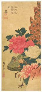 Peonías y pavo real de Utagawa Hiroshige