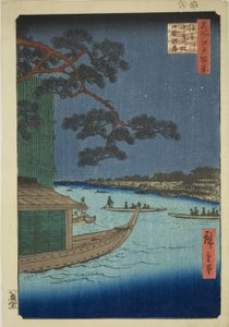 Pino del éxito y Oumayagashi, río Asakusa (Asakusagawa Shubi no matsu Oumayagashi), de la serie "Cien vistas famosas de Edo (Meisho Edo hyakkei)" de Utagawa Hiroshige