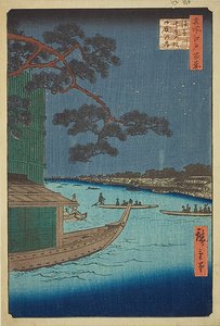 Pino del Éxito y Oumayagashi, río Asakusa (Asakusagawa Shubi no matsu Oumayagashi), nº 61 de la serie "Cien vistas famosas de Edo (Meisho Edo hyakkei)". de Utagawa Hiroshige