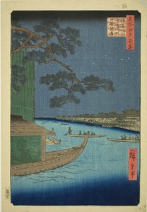Pino del éxito y Oumayagashi, río Asakusa (Asakusagawa shubi no matsu Oumayagashi), de la serie "Cien vistas famosas de Edo (Meisho Edo hyakkei)" de Utagawa Hiroshige