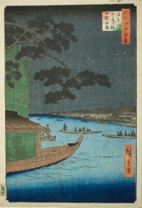 Pino del éxito y Oumayagashi, río Asakusa (Asakusagawa shubi no matsu Oumayagashi), de la serie Cien vistas famosas de Edo (Meisho Edo hyakkei)