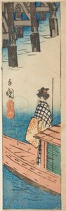 Barco de placer en el puente Ryogoku, sección de una hoja de la serie "Recortes de lugares famosos en Edo" de Utagawa Hiroshige