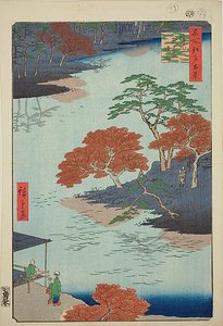 Precintas del Santuario Akiba, Ukeji (Ukeji Akiba no keidai), nº 91 de la serie "Cien vistas famosas de Edo (Meisho Edo hyakkei)". de Utagawa Hiroshige