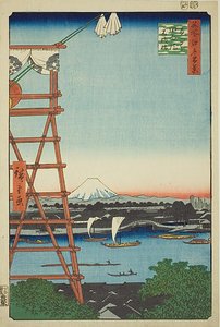 Ryogoku Ekoin y puente Moto-Yanagi (Ryogoku Ekoin Moto-Yanagibashi), nº 5 de la serie "Cien vistas famosas de Edo (Meisho Edo hyakkei)". de Utagawa Hiroshige