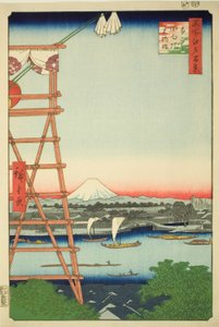 Ryogoku Ekoin y Puente Moto-Yanagi (Ryogoku Ekoin Moto-Yanagibashi), de la serie "Cien Vistas Famosas de Edo (Meisho Edo hyakkei)" de Utagawa Hiroshige