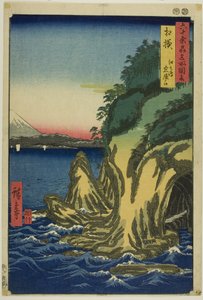 Provincia de Sagami: Entrada a las cuevas de Enoshima (Sagami, Enoshima iwaya no kuchi), de la serie "Lugares famosos de las sesenta y tantas provincias (Rokujuyoshu meisho zue)".