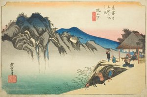 Sakanoshita: Pico de la Montaña Fudesute (Sakanoshita, Fudesute mine), de la serie "Cincuenta y Tres Estaciones del Tokaido (Tokaido gojusan tsugi no uchi)," también conocida como el Tokaido de Hoeido