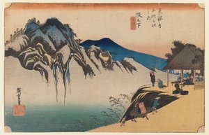 Sakanoshita: el pico de tirar el pincel, placa 49 de la primera serie Tokaido, c.1834