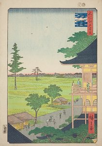 Sala Sazai del Templo de los Quinientos Rakan (Gohyaku Rakan Sazaido), nº 66 de la serie "Cien vistas famosas de Edo (Meisho Edo hyakkei)". de Utagawa Hiroshige