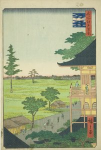 Salón Sazai del Templo de los Quinientos Rakan (Gohyaku Rakan Sazaido), de la serie "Cien Vistas Famosas de Edo (Meisho Edo hyakkei)" de Utagawa Hiroshige
