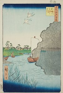 Pinos dispersos en el río Tone (Tonegawa Barabara-matsu), nº 71 de la serie "Cien vistas famosas de Edo (Meisho Edo hyakkei)". de Utagawa Hiroshige