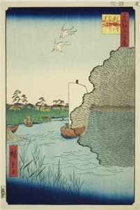 Pinos dispersos en el río Tone (Tonegawa Barabara-matsu), de la serie "Cien vistas famosas de Edo (Meisho Edo hyakkei)" de Utagawa Hiroshige