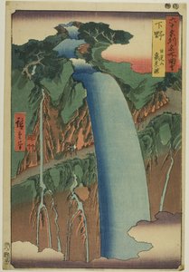 Provincia de Shimotsuke: Cascada de Urami en el monte Nikko (Shimotsuke, Nikkosan Urami no taki), de la serie "Lugares famosos de las sesenta y tantas provincias (Rokujuyoshu meisho zue)". de Utagawa Hiroshige