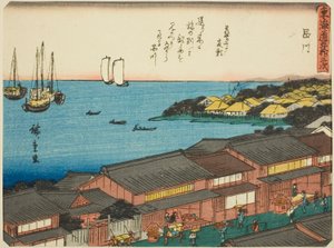 Shinagawa, de la serie "Cincuenta y Tres Estaciones del Tokaido (Tokaido gojusan tsugi)," también conocido como el Tokaido con Poema (Kyoka iri Tokaido)
