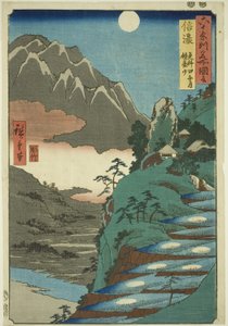 Provincia de Shinano: La luna reflejada en los campos de arroz de Sarashina cerca del monte Kyôdai (Shinano, Sarashina tagoto no tsuki, Kyôdaisan), de la serie Lugares famosos en las sesenta y tantas provincias (Rokujûyoshû meisho zue) de Utagawa Hiroshige