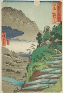 Provincia de Shinano: La luna reflejada en los campos de arroz de Sarashina cerca del Monte Kyodai (Shinano, Sarashina tagoto no tsuki, Kyodaisan), de la serie "Lugares Famosos en las Sesenta y Pico Provincias (Rokujuyoshu meisho zue)"