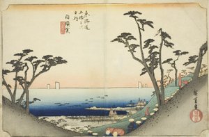 Shirasuka: Vista de la pendiente Shiomi (Shirasuka, Shiomizaka zu), de la serie "Cincuenta y tres estaciones del Tokaido (Tokaido gojusan tsugi no uchi)," también conocida como el Tokaido de Hoeido de Utagawa Hiroshige