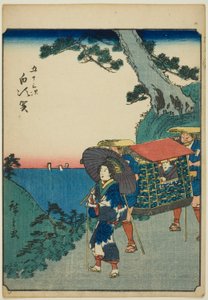 Shirasuka, de la serie "Cincuenta y tres estaciones [del Tokaido] (Gojusan tsugi)," también conocida como el Tokaido de figuras (Jinbutsu Tokaido) de Utagawa Hiroshige