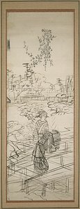 Boceto de mujer cruzando un puente de Utagawa Hiroshige