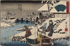 Escena de Nieve en el Templo Mokubo-ji y el Restaurante Uekiya, c. 1835-1842