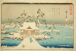 Nieve en el Santuario Benzaiten en el estanque Inokashira (Inokashira no ike Benzaiten no yashiro yuki no kei), de la serie "Nieve, luna y flores en lugares famosos (Meisho setsugekka)" de Utagawa Hiroshige