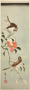 Gorriones y camelia en la nieve de Utagawa Hiroshige