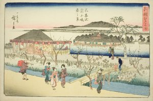 Vista de primavera del nuevo terraplén en el estanque Shinobazu (Shinobazu ike shin dote haru no kei), de la serie "Lugares famosos recién seleccionados en Edo (Shinsen Edo meisho)" de Utagawa Hiroshige