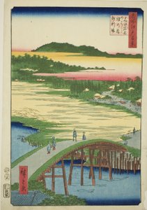 Puente Sugatami, Puente Omokage y la cantera de grava en Takata (Takata Sugataminohashi Omokagenohashi jariba), de la serie "Cien vistas famosas de Edo (Meisho Edo hyakkei)"