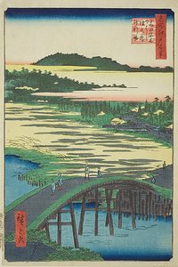 Puente Sugatami, puente Omokage y la gravera de Takata (Takata Sugataminohashi Omokagenohashi jariba), nº 116 de la serie "Cien vistas famosas de Edo (Meisho Edo hyakkei)".