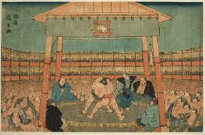 Combate de sumo en los recintos del templo Ekoin (Ekoin keidai sumo no zu), de la serie "Ryogoku en la capital oriental (Toto Ryogoku)" de Utagawa Hiroshige