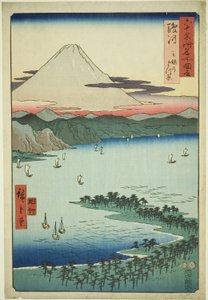Provincia de Suruga: El bosque de pinos en Miho (Suruga, Miho no matsubara), de la serie "Lugares famosos en las sesenta y tantas provincias (Rokujuyoshu meisho zue)" de Utagawa Hiroshige