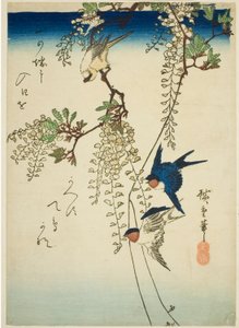 Golondrina, Pájaro Amarillo y Glicinia de Utagawa Hiroshige