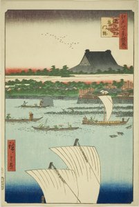 Teppozu y el templo Tsukiji Honganji (Teppozu Tsukiji Monzeki), de la serie "Suplemento a las cien vistas famosas de Edo (Edo hyakkei yokyo)" de Utagawa Hiroshige