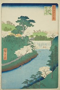 La presa del río Otonashi en Oji, comúnmente llamada "La gran cascada" (Oji Otonashigawa entai, sezoku Otaki to tonau), nº 19 de la serie "Cien vistas famosas de Edo (Meisho Edo hyakkei)". de Utagawa Hiroshige