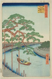 Los cinco pinos del río Onagi (Onagigawa Gohonmatsu), nº 97 de la serie "Cien vistas famosas de Edo (Meisho Edo hyakkei)". de Utagawa Hiroshige