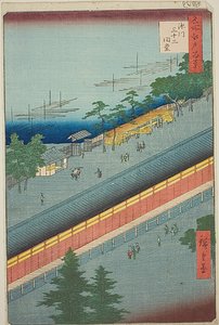 La Sala de las Treinta y Tres Bahías de Fukagawa (Fukagawa Sanjusangendo), nº 69 de la serie "Cien Vistas Famosas de Edo (Meisho Edo hyakkei)". de Utagawa Hiroshige