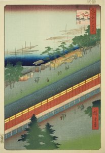 El Salón de los Treinta y Tres Bahías en Fukagawa (Fukagawa Sanjusangendo), de la serie "Cien vistas famosas de Edo (Meisho Edo hyakkei)" de Utagawa Hiroshige