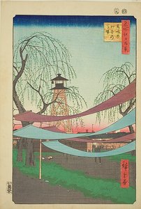 El picadero de Hatsune en Bakuro-cho (Bakuro-cho Hatsune no Baba), nº 6 de la serie "Cien vistas famosas de Edo (Meisho Edo hyakkei)". de Utagawa Hiroshige