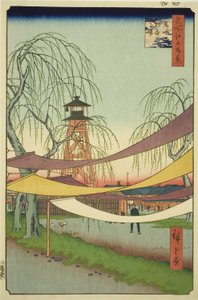 Los terrenos de equitación de Hatsune en Bakuro-cho (Bakuro-cho Hatsune no Baba), de la serie "Cien vistas famosas de Edo (Meisho Edo hyakkei)" de Utagawa Hiroshige